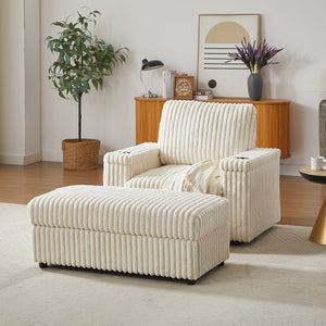 English Elm 42.5-inch corduroy single recliner with cup holder, storage ottoman, plush back pillow for lounging Beige W834P375116