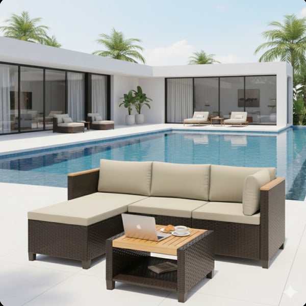 English Elm 3-piece Outdoor Pe Rattan L-shaped Sectional with Acacia Storage Table for Patio Beige+Brown B082P455128