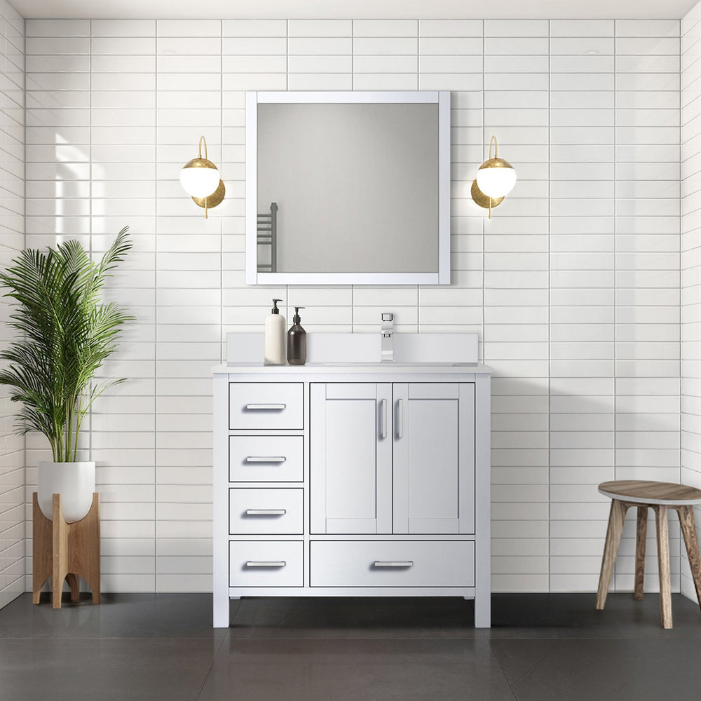 English Elm White 36 in Bath Vanity with Right Offset White Quartz Top, Soft-Close Drawers, Chrome Faucet Set B2731P259020