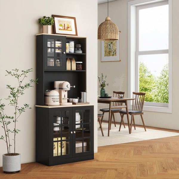 English Elm HOMCOM 72" Kitchen Pantry Hutch Cabinet with Glass Doors, Large Countertop, Adjustable Shelves, Black W2225P200665