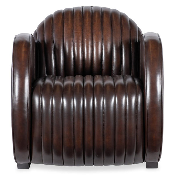 Hooker Furniture Banks Vortex Leather Chair With Channeled Cushioning, Rounded Track Arms & Dark Wood Sled Base, Luxe Art Deco Flair CC801-088