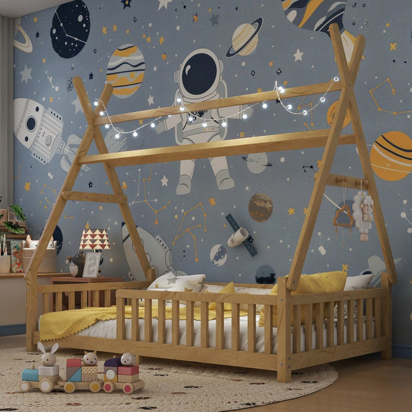 English Elm Twin Montessori Floor Bed House Frame with Led Lighting and Safety Rails for Kids Natural W2593P440573
