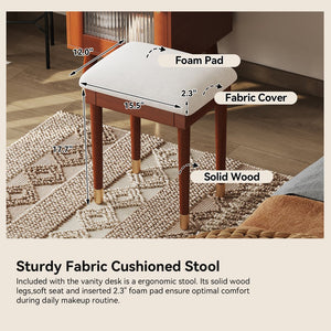 English Elm Modern Makeup Vanity Desk with Reeded Glass Door, 4-Compartment Cubby, Charging Port & Stool Comfortable Craftsmanship for Compact Spaces Walnut N844P285187W