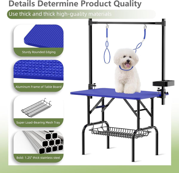 English Elm 36''large Folding Dog Grooming Table with Arm Noose Mesh Tray for Home Pet Care W3587P358723