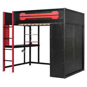English Elm Full Size Gaming Loft Bed with Rgb Lighting Integrated Desk and Open Wardrobe N820S00073J