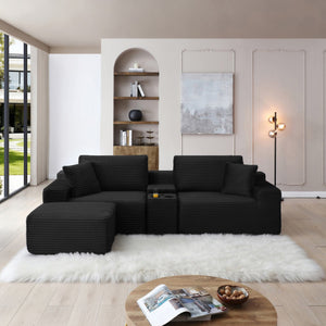 English Elm Modular Cloud Sectional Sofa with Corduroy Deep Seating Usb Ports and Storage Ottoman Black W1117S00360