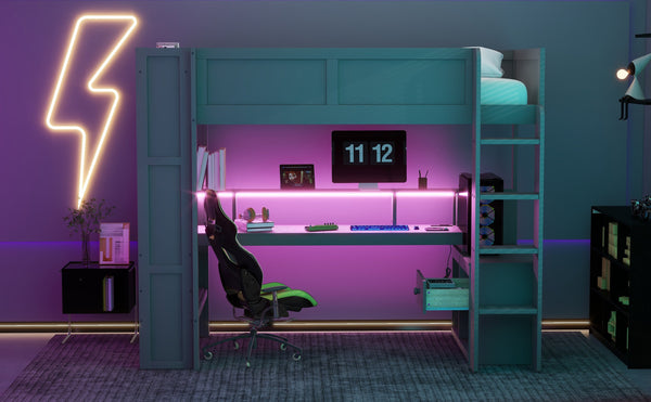 English Elm Wood Twin Loft Bed with Desk Led Lighting Charging Ports and Multi-zone Storage SM000373AAE