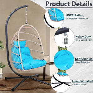 English Elm Foldable Hanging Egg Chair with Stand Pillow, HDPE Wicker, Rust‑Resistant Frame, Cushioned Headrest, 350lb Capacity Blue W2500P369700
