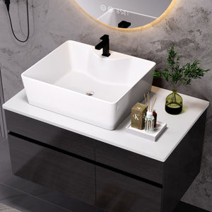 English Elm 31.5 Inch Floating Wall Mounted Bathroom Vanity with Vessel Ceramic Sink Soft Close W3136S00080