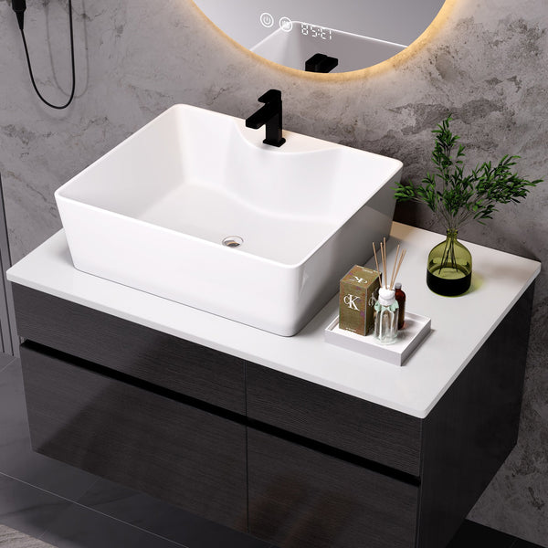 English Elm 31.5 Inch Wall Mounted Bathroom Vanity with Vessel Sink Soft Close Storage Cabinet W3136S00031