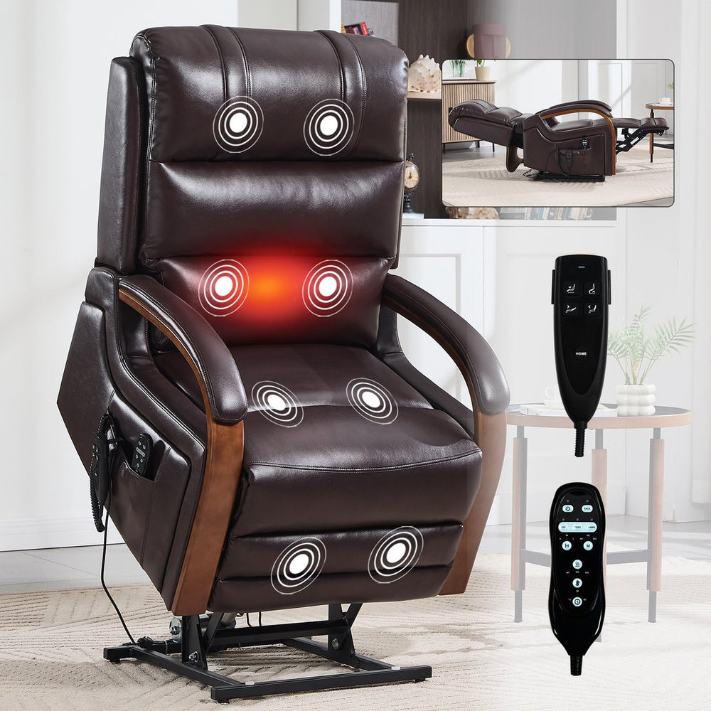 English Elm Power Lift Recliner with Dual Motor Heat Massage Wood Armrests Brown Leatheraire W1803S00080
