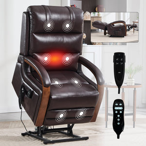 English Elm Power Lift Recliner with Dual Motor Heat Massage Wood Armrests Brown Leatheraire W1803S00080