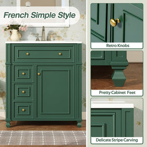 English Elm Bathroom Vanity with Sink French-Inspired 30" Ceramic Basin Vanity Cabinet with Soft-Close Doors & Drawer Organizer Green N710P286723F