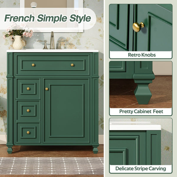 English Elm Bathroom Vanity with Sink French-Inspired 30" Ceramic Basin Vanity Cabinet with Soft-Close Doors & Drawer Organizer Green N710P286723F