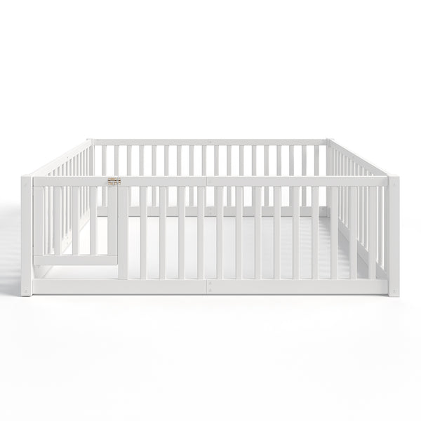 English Elm Twin Floor Bed Pine Wood Frame with Guardrails and Door for Safe Toddler Sleep Light White W1580P417670