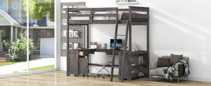 English Elm Twin Loft Bed with U-Shaped Desk, Drawers & Shelves — Antique Brown Twin Work-Study Space, 350lb Capacity GX001038AAD