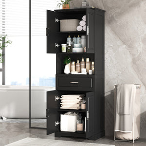 English Elm Tall Bathroom Cabinet With Four Doors, Large Storage Space Open Shelve, Upper Storage Cabinet, Black