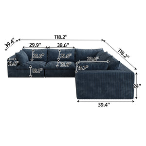 English Elm 118.2" Modular Cloud Sofa - Plush Corduroy Deep Seat Couch, No Assembly, Removable Cushions, Versatile Blue W2824S00089