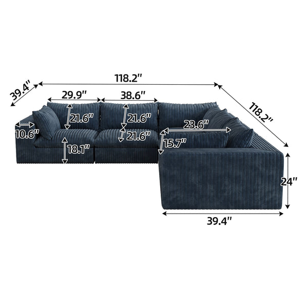 English Elm 118.2" Modular Cloud Sofa - Plush Corduroy Deep Seat Couch, No Assembly, Removable Cushions, Versatile Blue W2824S00089