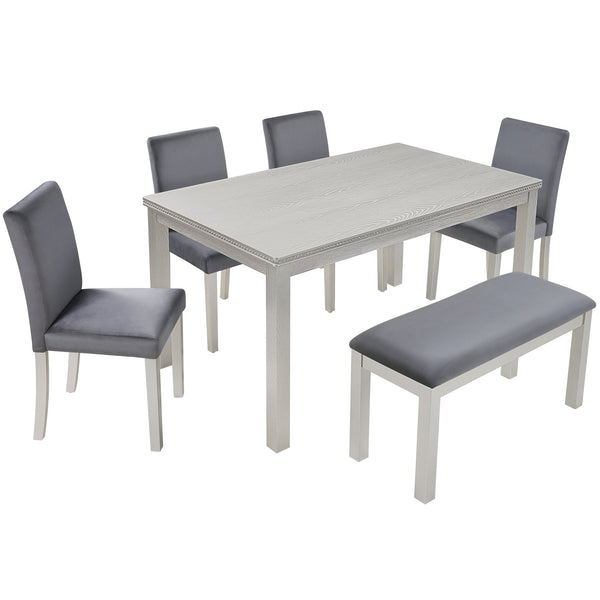 English Elm 6 Piece Wooden Dining Set With Upholstered Chairs And Bench – Elegant Silver Grey Table For 6 W1998S00067
