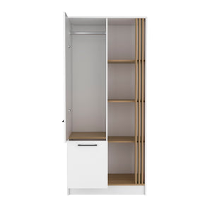 English Elm Armoire with Built-In Mirror and Ample Storage — 4 Doors, 2 Drawers, 4 Shelves, Eco-Friendly Finish White 75.59 L x 25.59 W x 3.94 H B097S00208