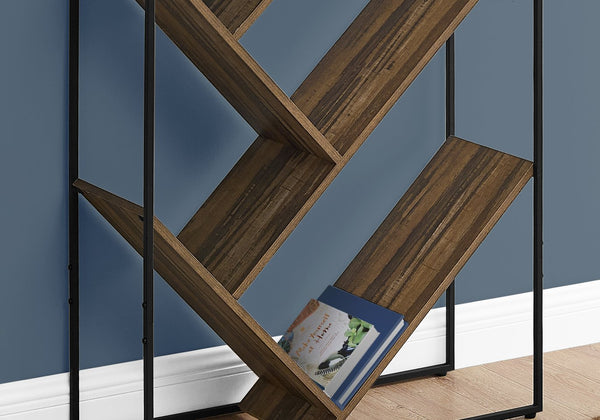English Elm Bookshelf, 5-Tier Slanted Etagere with V-Shaped Open Shelves, Slim Black Metal Frame, 60" H Brown 39 L x 13 W x 7 H B2710P218982