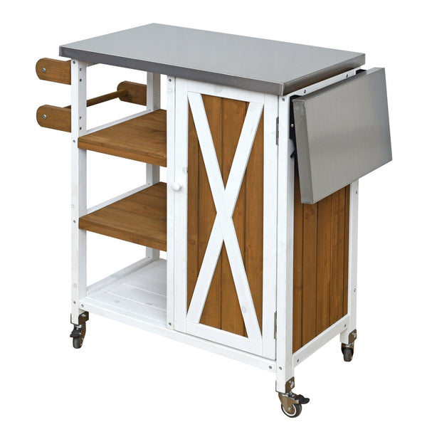 English Elm Foldable Outdoor Kitchen Cart with Stainless Worktop Fir Wood Frame and Lockable Wheels Brown+White N719P380281Z