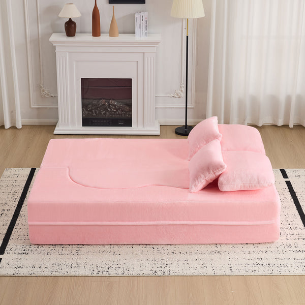 English Elm Queen Foldable Sofa Bed with Plush Chenille Cover, High-Density Foam Convertible Futon for Living Room Guest Room Bedroom Pink W1829P348205