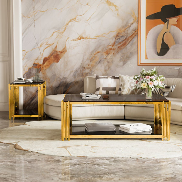 English Elm Modern Glam Rectangular Coffee Table with Mirrored Top Gold Sculptural Frame Open Shelf Black N735P380101B