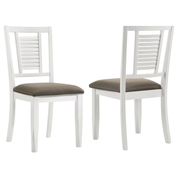 English Elm Pratto Rustic Distressed White Wood Dining Side Chairs Set of 2 — Farmhouse Louvred Back & Dark Brown Upholstery, Comfortable Everyday Seating (38.25"H) B062P299960