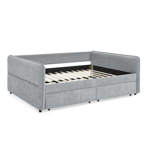 English Elm Daybed With Trundle - Stylish Upholstered Queen Sofa Bed In Grey Boucle With Storage Drawers W1413S00073