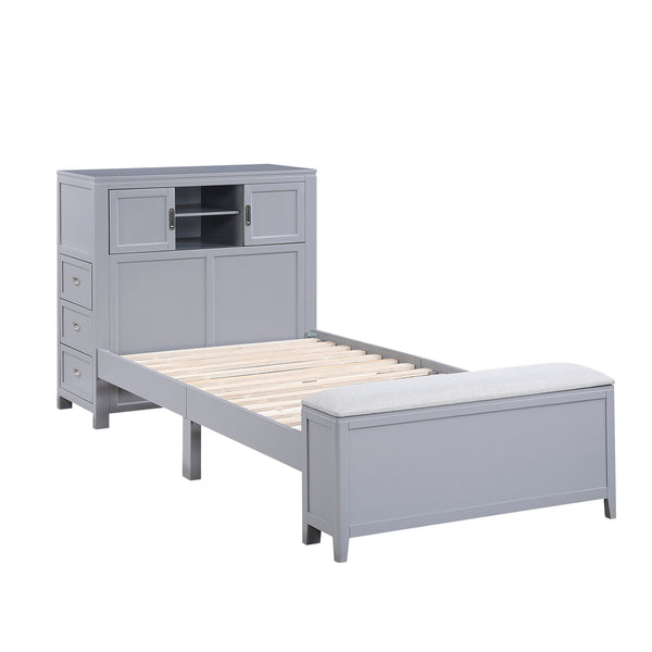 English Elm Gray Twin Platform Bed with Bookcase Headboard Hidden Desk Stool and Footboard Bench Gray B011S02323