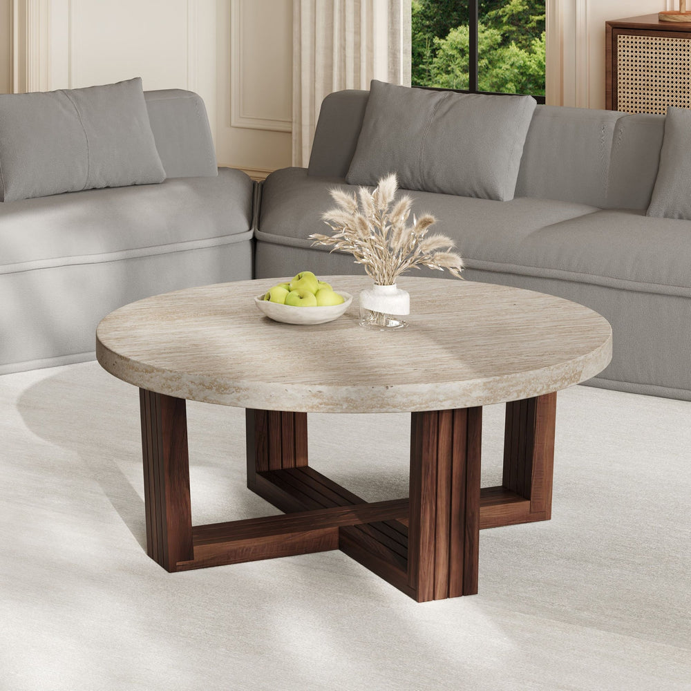 English Elm Round Marble Pattern Coffee Table with Cross Wood Base for Modern Living Rooms N770P365808M