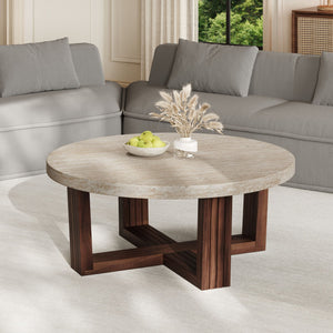 English Elm Round Marble Pattern Coffee Table with Cross Wood Base for Modern Living Rooms N770P365808M