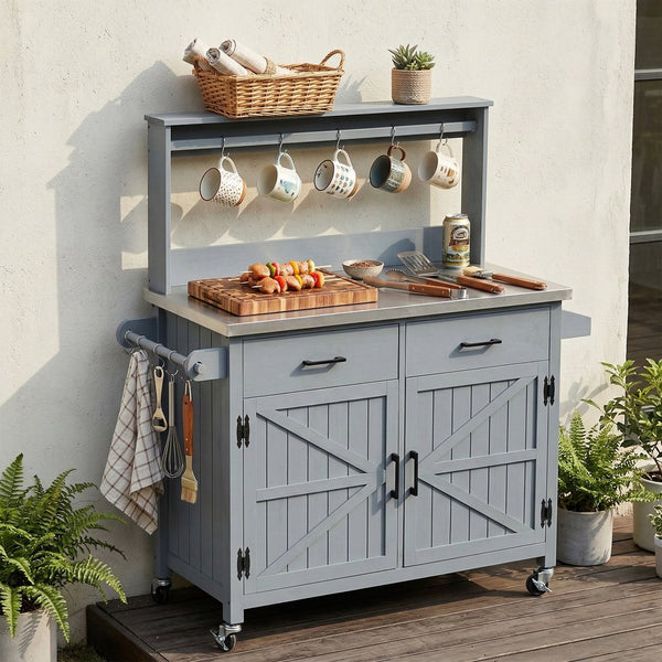 English Elm K&k Solid Fir Grill Cart Stainless Steel Top Outdoor Kitchen Station with Locking Wheels Grey+Blue N707P409087G
