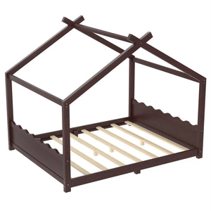 English Elm Queen House Frame Floor Bed Solid Pine Montessori Low Profile Kids Bedroom Espresso W1580P387850