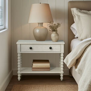 English Elm Large Cottage Nightstand with Spindle Legs Open Shelf and Drawer for King Beds Antique Cream B035P408397