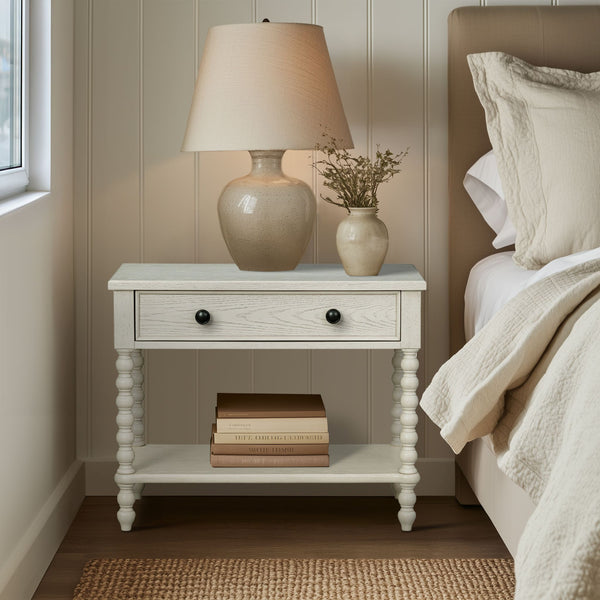 English Elm Large Cottage Nightstand with Spindle Legs Open Shelf and Drawer for King Beds Antique Cream B035P408397