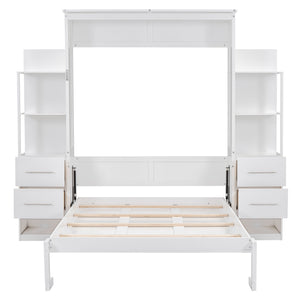 English Elm Full Size Murphy Wall Bed with Led Lighting Shelves Drawers and Fold Down Storage LP100565AAK