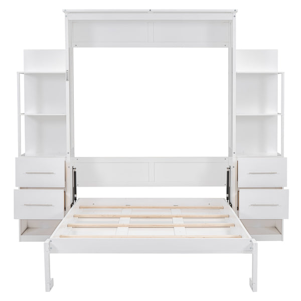 English Elm Full Size Murphy Wall Bed with Led Lighting Shelves Drawers and Fold Down Storage LP100565AAK