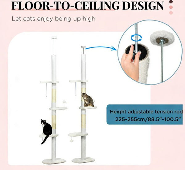 English Elm Cat Tower Floor to Ceiling Tension Rod Climbing Tree with Sisal Posts and Cloud Perches T3971P431452