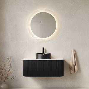 English Elm Dina Floating Bathroom Vanity Sintered Stone Top Glass Basin Striped Plywood Cabinet Black,Carrara White W2615S00705