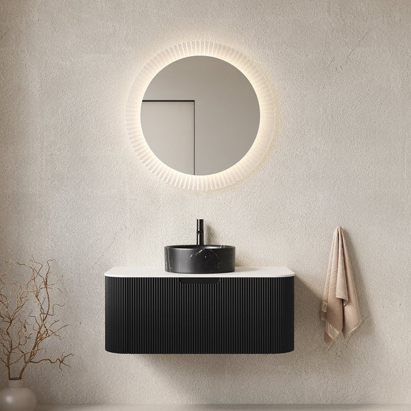 English Elm Dina Floating Bathroom Vanity Sintered Stone Top Glass Basin Striped Plywood Cabinet Black,Carrara White W2615S00705