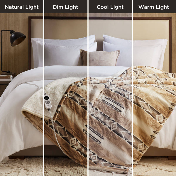English Elm 1-piece Aztec Heated Throw with 12 Settings Auto Shutoff Soft Ivory Boho Blanket Multicolor B035P408334