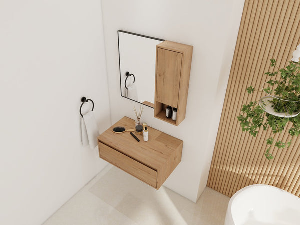 English Elm 30'' Wall Mounted Mirror Cabinet Black Aluminum Frame Soft Close Bathroom Storage W999S00539