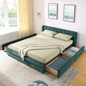 English Elm Queen Chenille Upholstered Storage Bed Wingback Headboard Platform Frame Bedroom Blue+Green W487S00419