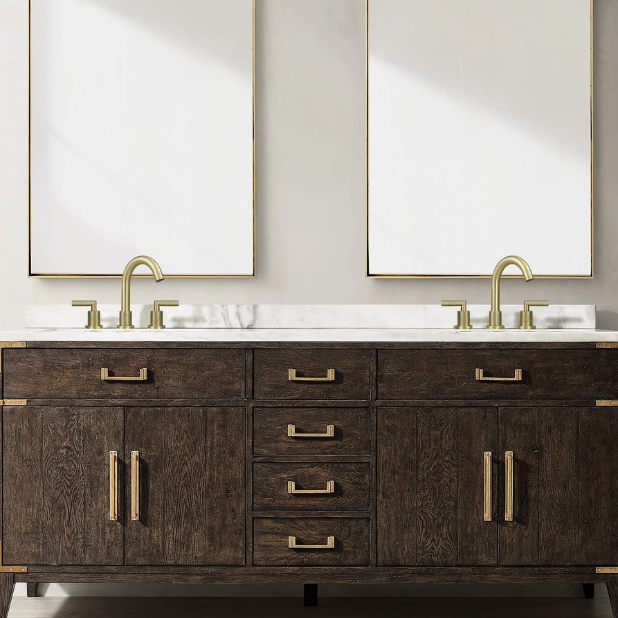 English Elm Gold Brushed Widespread Bathroom Faucet 2-Handle 8" Deck Mount, 360° Swivel, Pop-Up Drain, Hoses T3177P277501