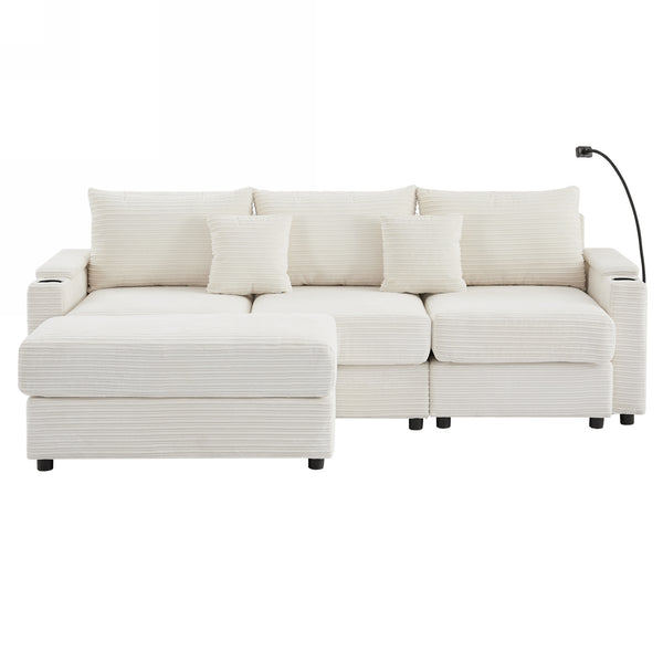 English Elm 95.3" Modular 3-Seater Sectional Sofa With Storage, Usb Ports, Cup Holders & Movable Ottoman, Beige N719S001612A