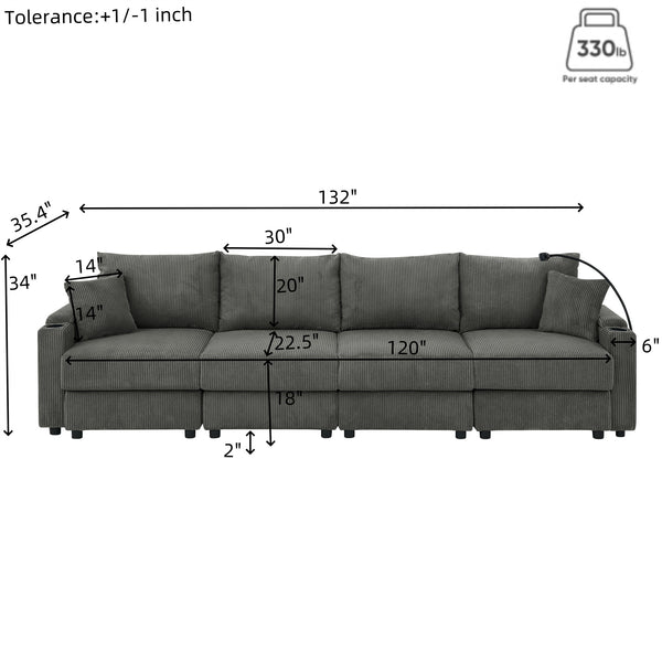 English Elm L-Shaped 4-Seat Corduroy Sofa With Ottoman & Storage, Deep Seat, Cup Holders, Modern Grey Comfort W1117S00216