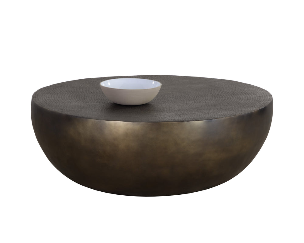 Sunpan Cale Coffee Table - Handcrafted Antique Bronze Drum Design with Etched Top for Unique Home Decor